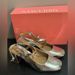 New in Box Sam & Libby Women’s Grace Block Shiny Silver Slingback Heels Size 8.5